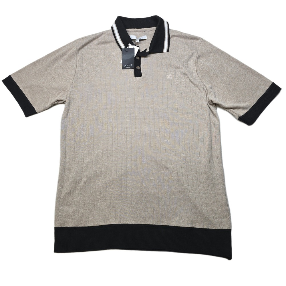 JOE CUSHION Polo Sweater Mens XL Beige Black Striped Collar‎ $158 NEW